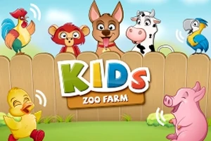 나무 울타리 배경 앞에 동물들과 KIDS ZOO FARM이라는 텍스트가 있는 이미지
