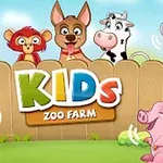나무 울타리 배경 앞에 동물들과 KIDS ZOO FARM이라는 텍스트가 있는 이미지