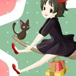 빗자루를 타고 있는 검은 드레스를 입은 소녀와 옆에 앉아 있는 검은 고양이