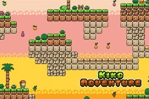 픽셀 아트 스타일의 플랫폼 배경과 과일 아이템이 흩어져 있는 2D 게임 장면