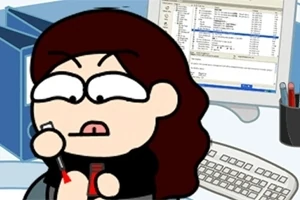 애니메이션 스타일의 캐릭터가 컴퓨터 앞에서 빨간색 매니큐어를 바르고 있는 모습