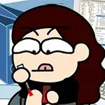 애니메이션 스타일의 캐릭터가 컴퓨터 앞에서 빨간색 매니큐어를 바르고 있는 모습