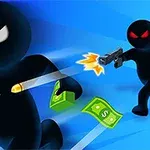 검은색 인물이 달리며 돈을 들고 있고, 뒤에서 다른 검은색 인물이 총을 쏘고 있다