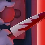 어두운 배경에서 사람이 문 손잡이를 잡고 피가 묻은 칼을 들고 있는 모습