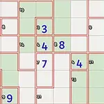 빨간색 경계와 파란 숫자가 있는 격자 형태의 퍼즐