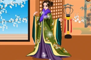 전통 의상을 입은 여성이 실내에서 포즈를 취하고 있으며, 창밖에는 꽃이 피어 있습니다