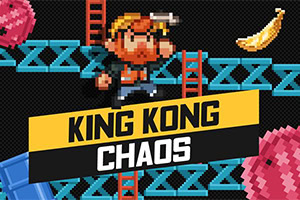 픽셀 스타일의 남성이 사다리 위에 있고, 주변에 건초와 바나나가 있으며, KING KONG CHAOS라는 텍스트가 중앙에 표시되어 있습니다
