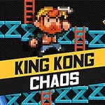 픽셀 스타일의 남성이 사다리 위에 있고, 주변에 건초와 바나나가 있으며, KING KONG CHAOS라는 텍스트가 중앙에 표시되어 있습니다