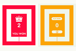 왼쪽에는 왕관 아이콘과 YOU WON이라는 텍스트가 포함된 빨간 카드가 있고, 오른쪽에는 PLAY AGAIN과 집 아이콘이 있는 주황 카드가 있다
