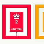 왼쪽에는 왕관 아이콘과 YOU WON이라는 텍스트가 포함된 빨간 카드가 있고, 오른쪽에는 PLAY AGAIN과 집 아이콘이 있는 주황 카드가 있다