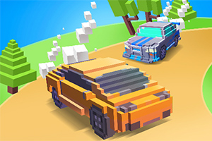 픽셀 스타일의 자동차 두 대가 푸른 하늘 아래 곡선 도로 위를 주행하고 있다