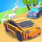 픽셀 스타일의 자동차 두 대가 푸른 하늘 아래 곡선 도로 위를 주행하고 있다