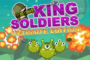 보라색 큰 글자로 KING SOLDIERS ULTIMATE EDITION이 쓰여 있고, 세 마리의 초록색 외계 생물체가 있으며, 폭발과 폭탄 이미지가 배경에 있다