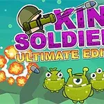 보라색 큰 글자로 KING SOLDIERS ULTIMATE EDITION이 쓰여 있고, 세 마리의 초록색 외계 생물체가 있으며, 폭발과 폭탄 이미지가 배경에 있다
