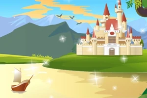 언덕 위에 웅장한 성과 강을 따라 돛을 펼친 작은 배가 있는 풍경