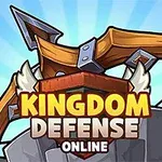 큰 석궁과 방패가 중심에 있고 KINGDOM DEFENSE ONLINE이라는 글자가 쓰여진 이미지