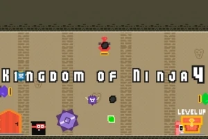 레트로 스타일의 픽셀 아트 배경에 Kingdom of Ninja 4라는 텍스트가 중앙에 있으며, 다양한 작은 아이콘과 캐릭터들이 배치되어 있는 이미지