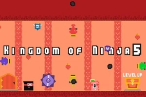 픽셀 스타일의 닌자와 다양한 아이콘이 있는 밝은 배경의 레트로 비디오 게임 화면