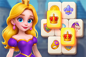 금발의 공주가 보라색 드레스를 입고 있고, 배경에는 왕관, 말, 반지 등의 그림이 있는 타일이 배열되어 있습니다