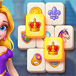 금발의 공주가 보라색 드레스를 입고 있고, 배경에는 왕관, 말, 반지 등의 그림이 있는 타일이 배열되어 있습니다