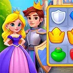 왕관과 방패 등의 아이콘이 있는 게임 화면과 함께 왕자와 공주가 서 있는 모습