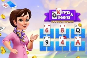 여성 캐릭터가 카드 배열 옆에 서 있으며, 뒤에는 Kings & Queens Solitaire Tripeaks라는 로고가 있다