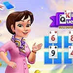 여성 캐릭터가 카드 배열 옆에 서 있으며, 뒤에는 Kings & Queens Solitaire Tripeaks라는 로고가 있다