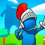 파란색 캐릭터가 검을 들고 있으며, 헬멧을 착용하고 있고, 배경에는 나무와 큰 그림자들이 있는 장면