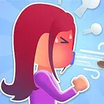 만화 스타일의 여성 캐릭터가 감정적으로 화난 표정을 지으며 바람을 내뿜는 모습