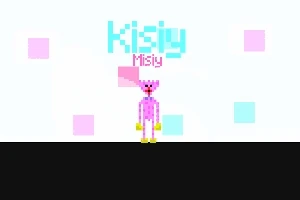 분홍색 픽셀 캐릭터가 하늘색과 분홍색 배경 속 검은 바닥 위에 서 있다