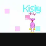 분홍색 픽셀 캐릭터가 하늘색과 분홍색 배경 속 검은 바닥 위에 서 있다