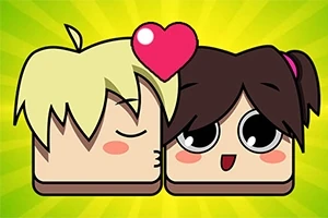 블론드 머리 남자 캐릭터가 갈색 머리 여자 캐릭터에게 뽀뽀하며 두 캐릭터 위에 하트가 떠 있는 귀여운 만화 스타일의 이미지