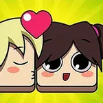 블론드 머리 남자 캐릭터가 갈색 머리 여자 캐릭터에게 뽀뽀하며 두 캐릭터 위에 하트가 떠 있는 귀여운 만화 스타일의 이미지