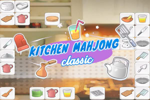 주방 용품 아이콘과 Kitchen Mahjong Classic라는 텍스트가 중앙에 있는 밝은 주방 배경
