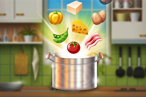 냄비 위로 다양한 식재료들이 떠오르는 부엌 장면