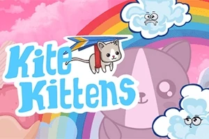 고양이 모양의 연이 무지개와 구름 배경 위에 떠 있는 모습