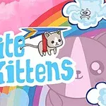 고양이 모양의 연이 무지개와 구름 배경 위에 떠 있는 모습