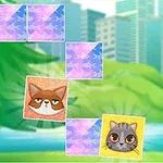 도심 배경 앞에 나무와 고양이 얼굴이 그려진 타일이 배치되어 있는 이미지