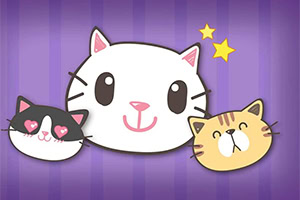 세 마리의 귀여운 고양이 얼굴이 보라색 배경 위에 그려져 있으며, 가운데에 흰 고양이, 왼쪽에 검은색과 흰색 고양이, 오른쪽에 갈색 고양이가 있다