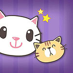 세 마리의 귀여운 고양이 얼굴이 보라색 배경 위에 그려져 있으며, 가운데에 흰 고양이, 왼쪽에 검은색과 흰색 고양이, 오른쪽에 갈색 고양이가 있다