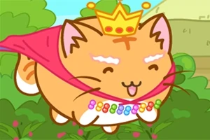 왕관을 쓰고 망토를 두른 귀여운 고양이가 초원 위를 달리고 있다