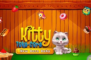 나무 배경 앞에 다양한 음식 아이콘과 함께 앉아 있는 귀여운 회색 고양이