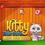 나무 배경 앞에 다양한 음식 아이콘과 함께 앉아 있는 귀여운 회색 고양이