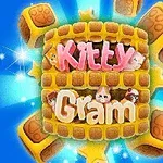 와플 블록 위에 Kitty Gram 글자가 귀여운 고양이 그림과 함께 나타나 있으며, 파란 배경에 별과 빛나는 효과가 있는 이미지
