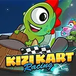 초록색 캐릭터가 나무 카트를 타고 있으며, 배경에 두 개의 다른 캐릭터가 함께 있는 장면