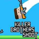 두 픽셀 아트 캐릭터가 총을 들고 있으며, 한 캐릭터는 점프하고 있습니다