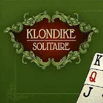 녹색 배경에 장식된 글씨로 KLONDIKE SOLITAIRE와 카드 이미지가 포함된 화면