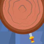 파란 배경 위에 나무 단면에 칼이 꽂혀 있는 이미지