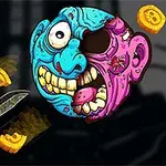 커다란 눈을 가진 만화 스타일의 괴물 얼굴과 날아가는 칼, 노란 조각들로 구성된 이미지