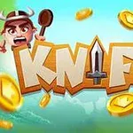 만화 스타일의 캐릭터 두 명과 동전 이미지가 배경에 있는 KNIFE 텍스트가 중앙에 배치된 그림